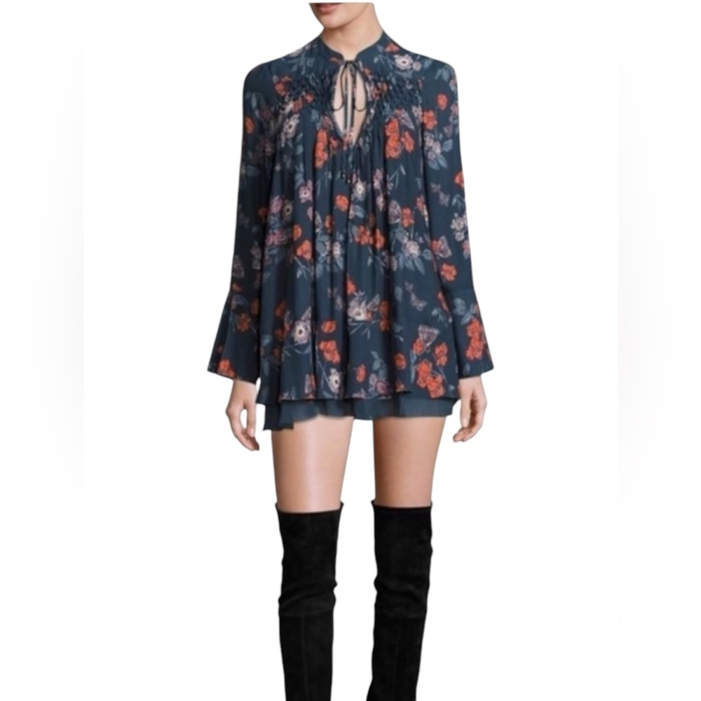 Free People So Fine Printed Smocked Top /Floral Tunic Dress. Long sleeve Size XS